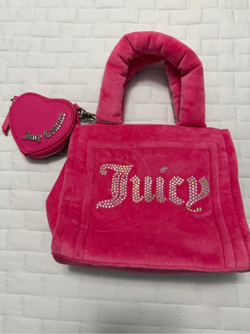 Juicy Couture Hot Pink Plush Mini Tote with Rhinestone 'Juicy'